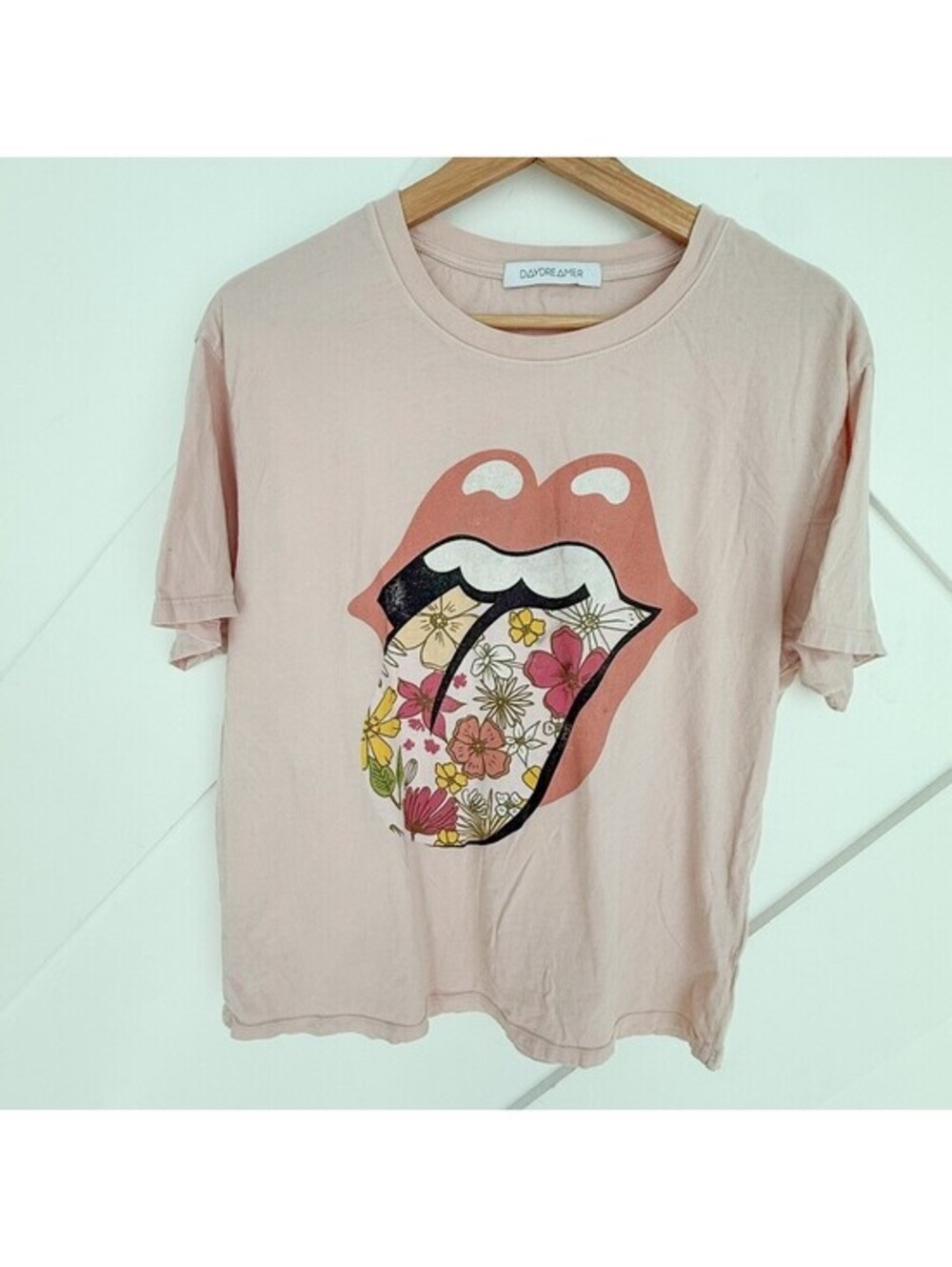 Daydreamer Pink 60s Floral Rolling Stones Tongue Graphic T-Shirt Medium